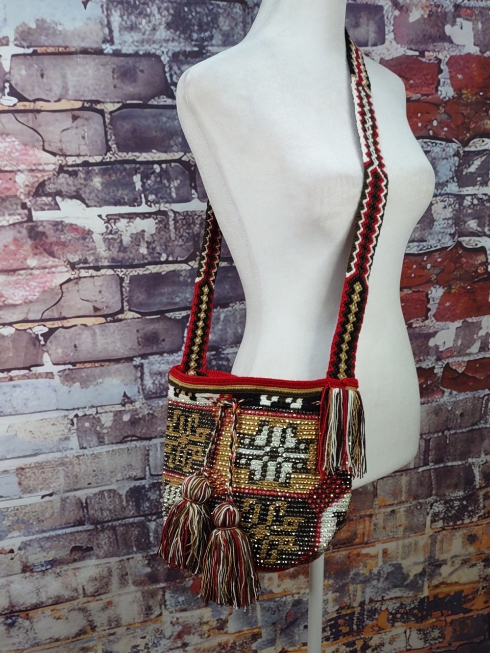 Boho Beaded Crossbody Bag with Drawstring Tassels